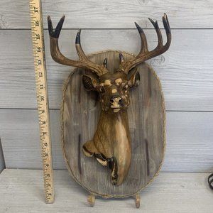 Deer Head Resin On Wood Wall Art Décor  16” x 10” 2 Hooks Coats Keys Hunting